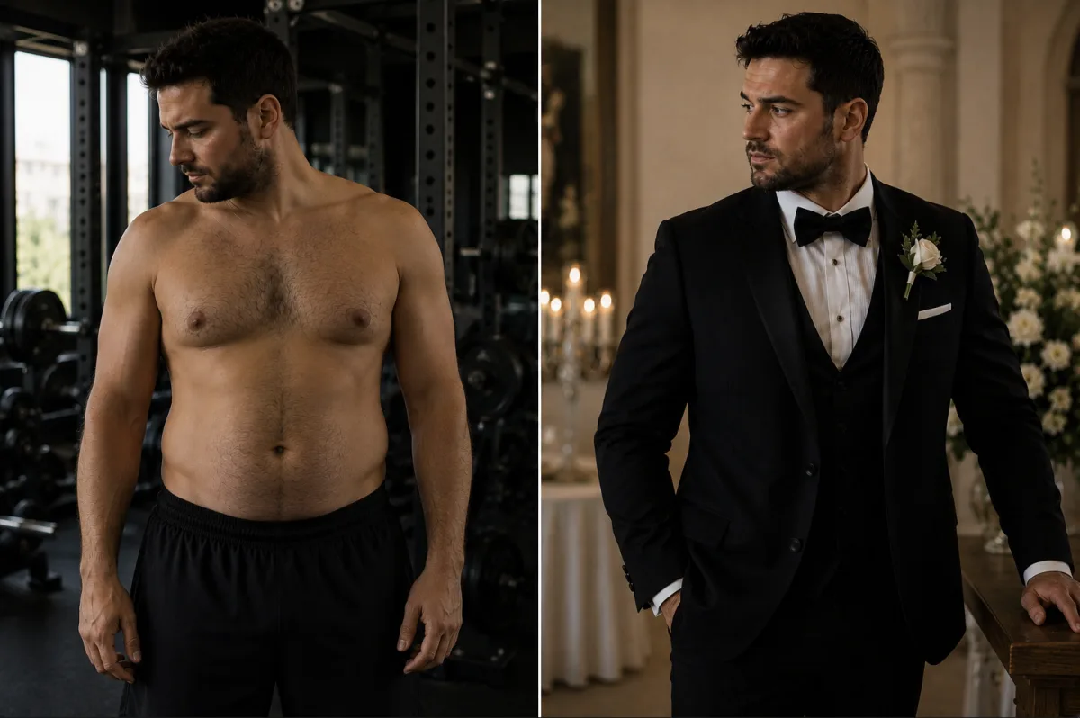 Before-and-after photo of a groom's body transformation — leaner and more defined for his wedding day