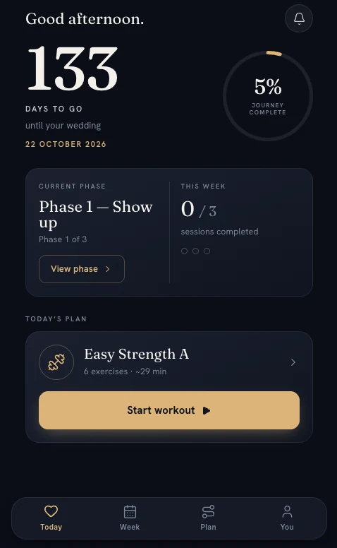 Wedding Fit Today screen — 133 days countdown, current phase, today's session