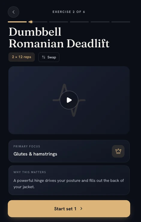 Wedding Fit Exercise Preview — Dumbbell Romanian Deadlift, 2 × 12 reps, with Primary Focus and Why This Matters cards