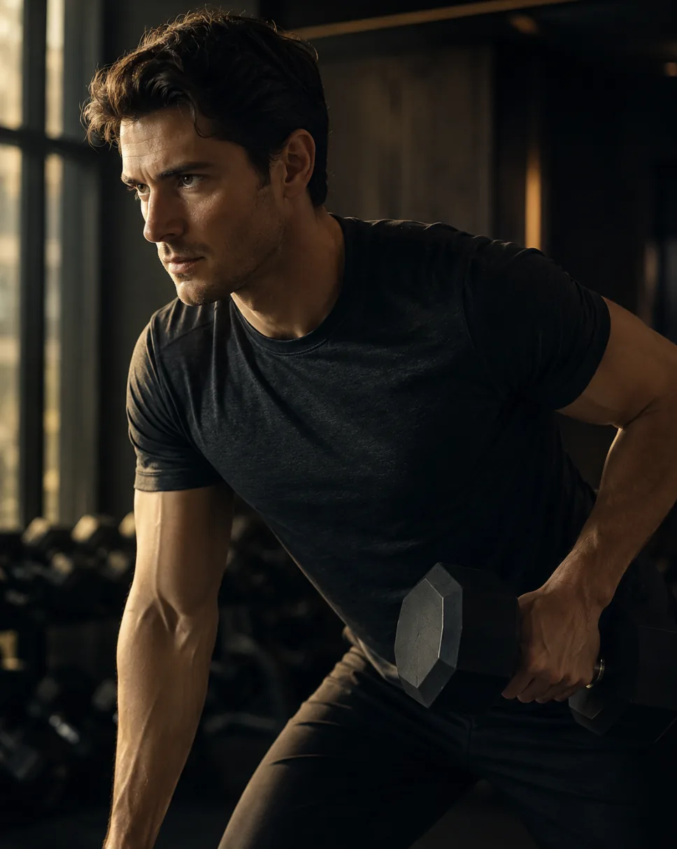A composed groom mid-workout, gripping a dumbbell — building the strength that fills out a suit.