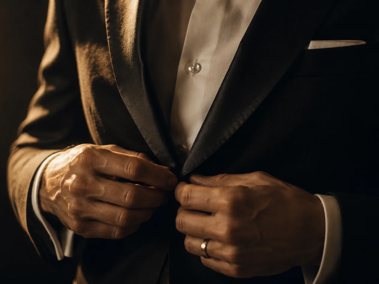 A groom's hands buttoning the middle button of a tuxedo jacket