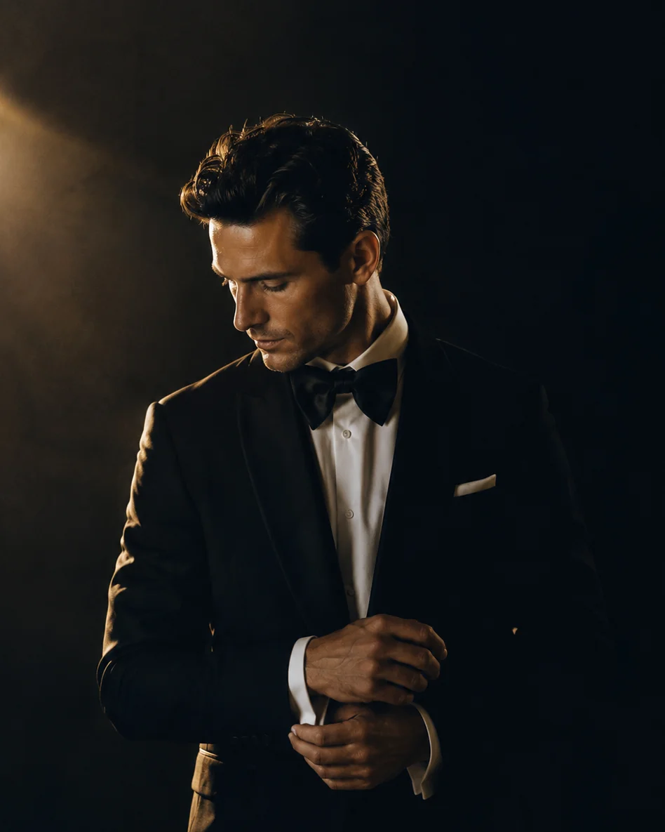 A composed groom in a dark tuxedo, adjusting his cuff before the ceremony