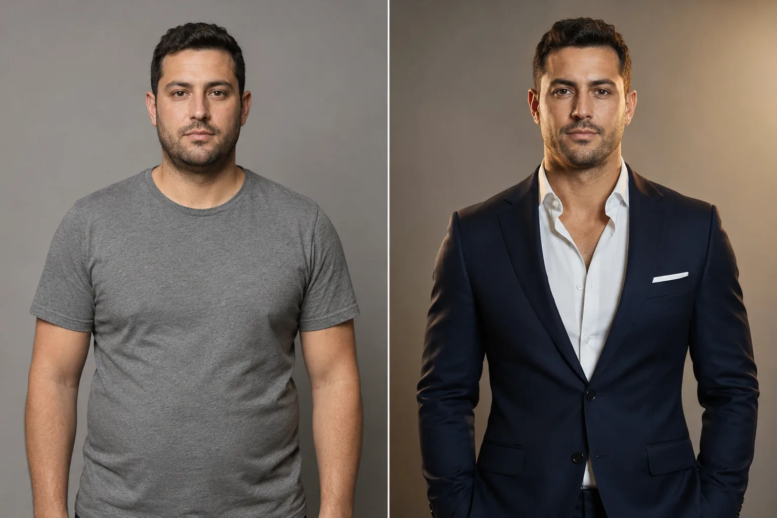 Alex T. before and after — down 14 lbs over the wedding-day countdown.
