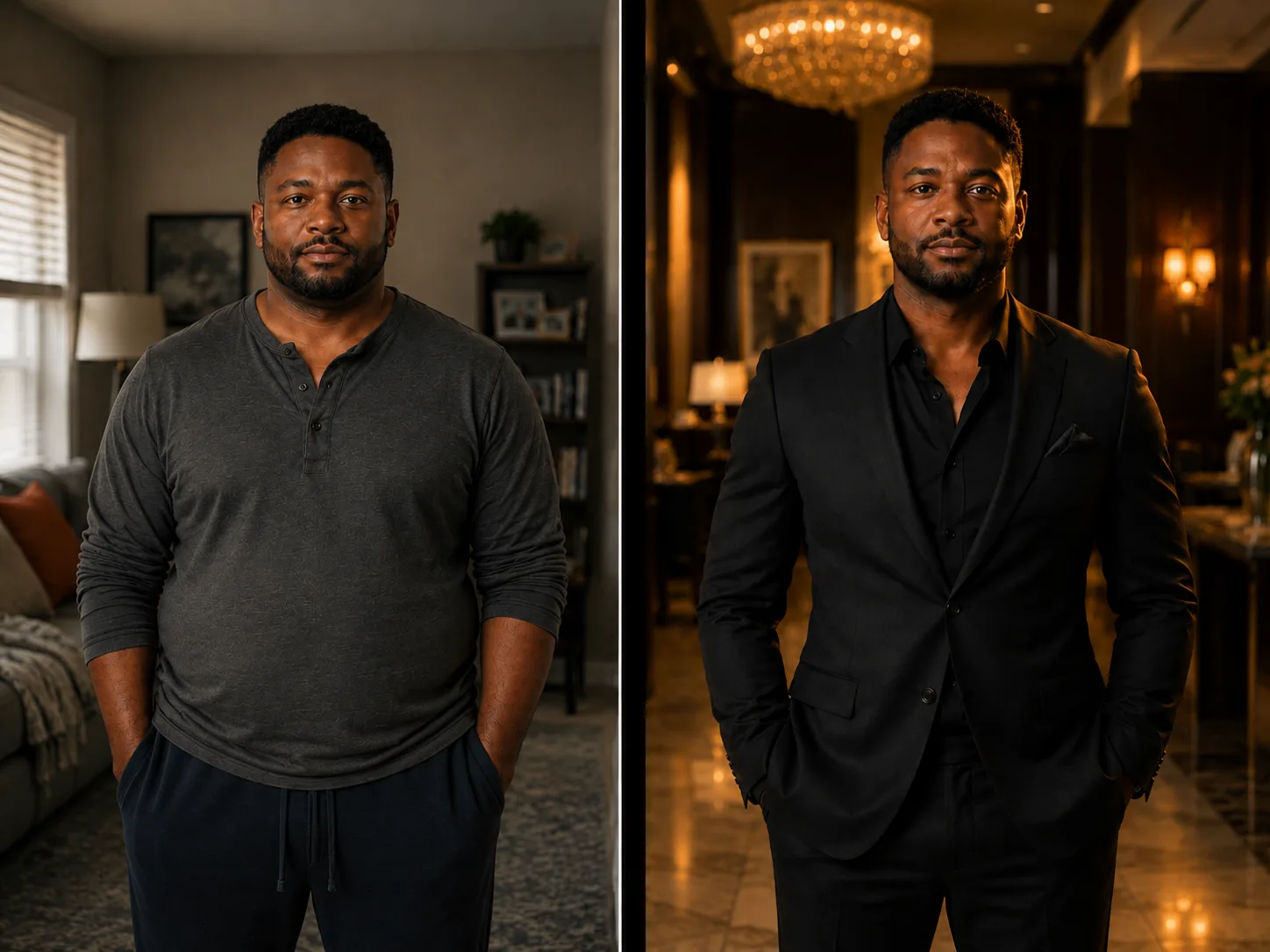 Daniel R. before and after — down 11 lbs over the wedding-day countdown.
