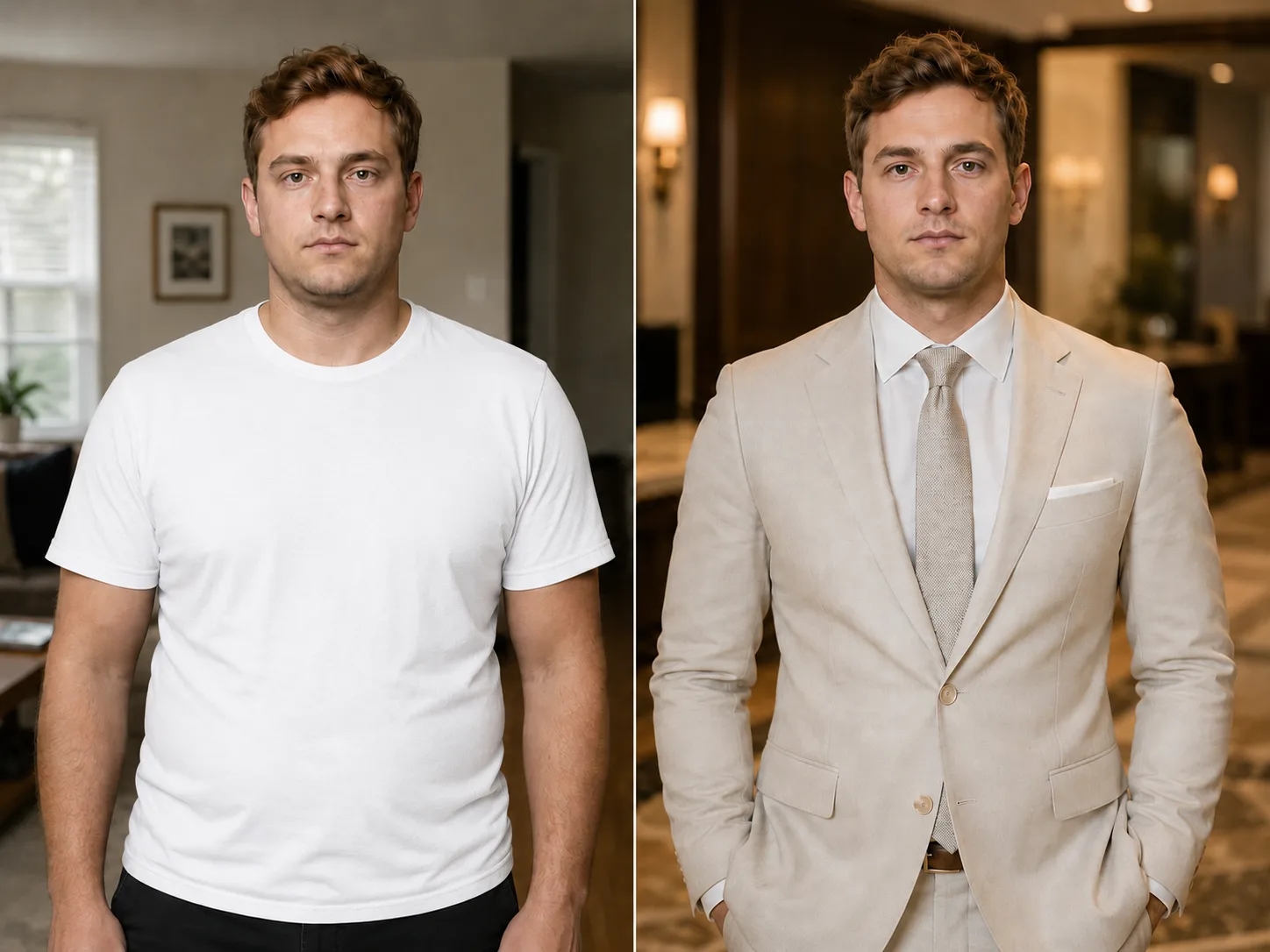 Marcus L. before and after — down 18 lbs over the wedding-day countdown.